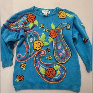 Vintage Western Connection Floral Embroidered Cozy Sweater Blue Sweater Small